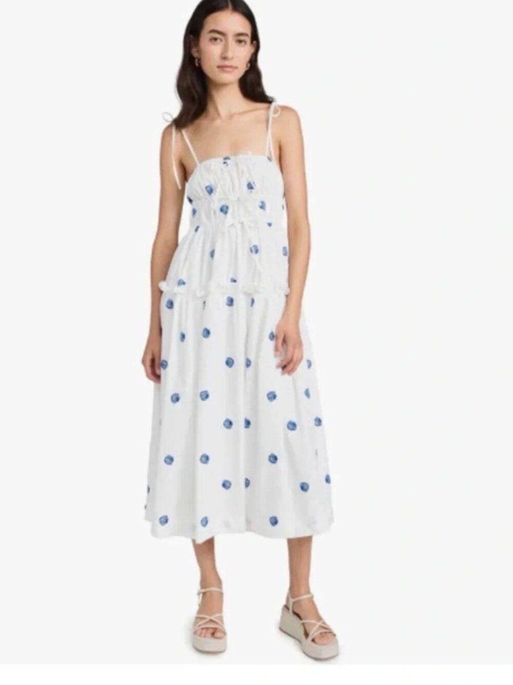 En Saison Alani Midi Dress XS White Blue Shell Embroidered Coastal Resort